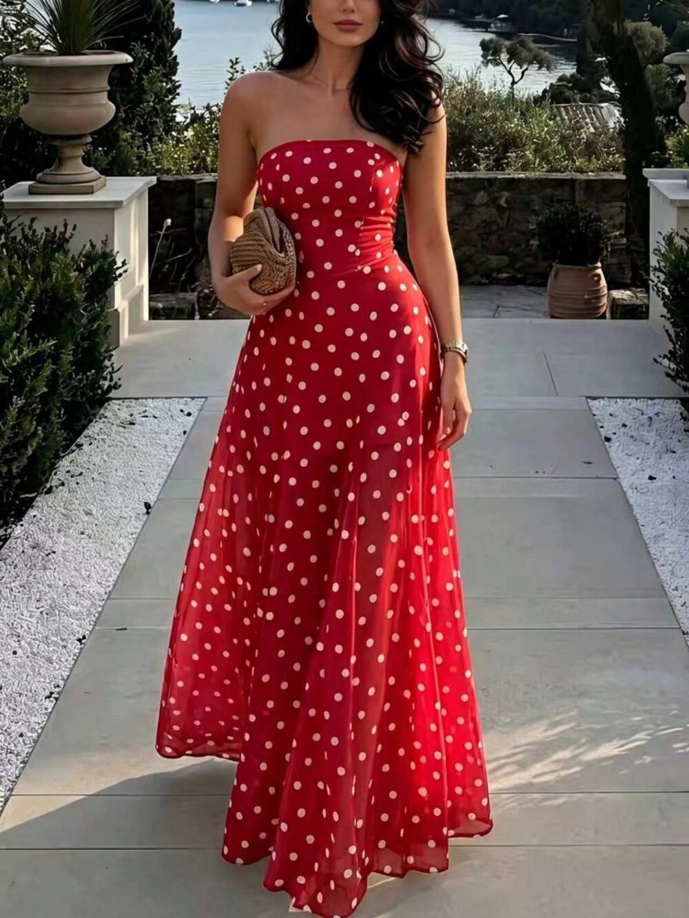 Red and White Casual Women's Polka Dot Strapless Puff Sleeve Long Dress